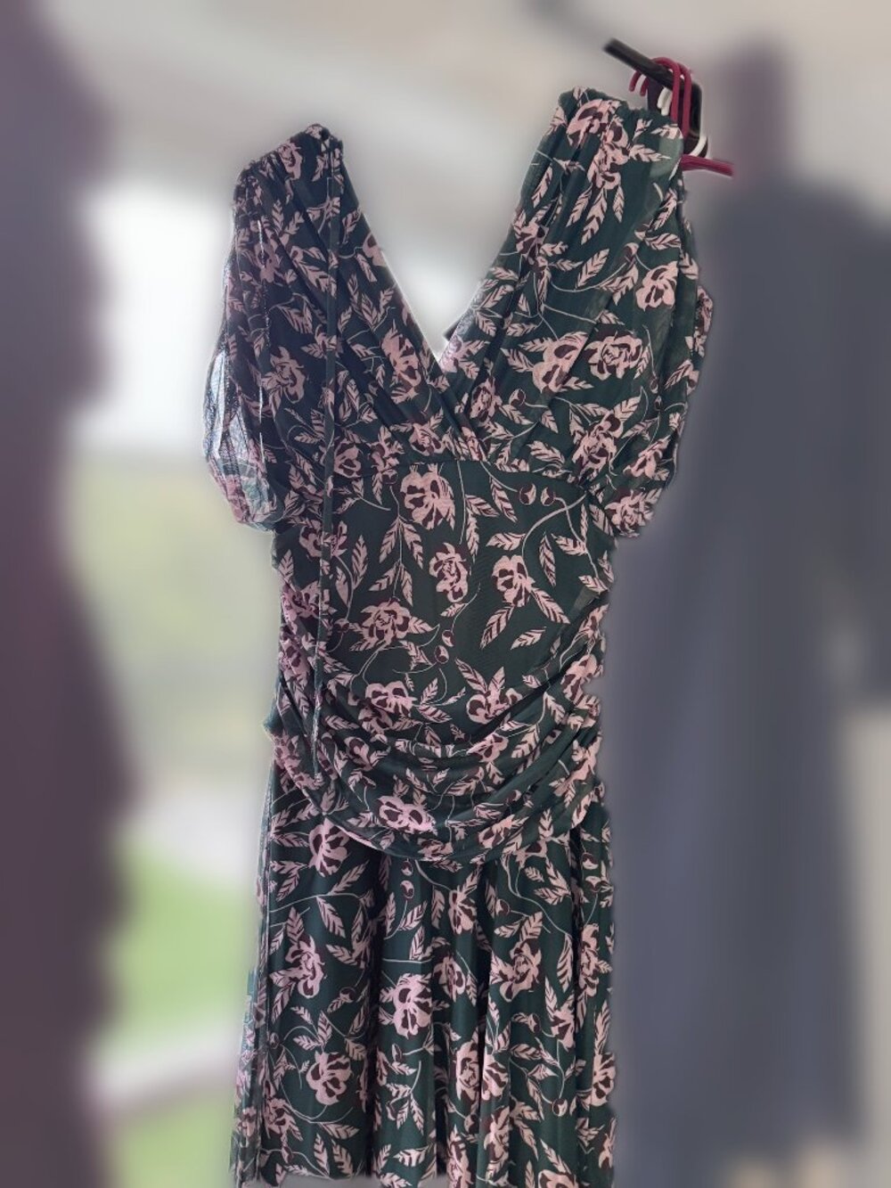 Green & Pink Floral Mesh Mid Length Dress